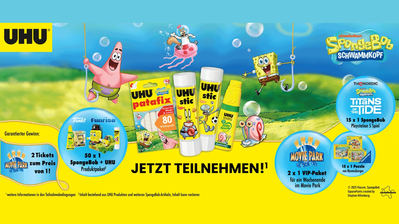 UHU x SpongeBob Gewinnspiel – Movie-Park-Wochenende, Spiele, Puzzle und Produktpakete gewinnen