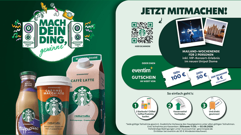 Starbucks Gewinnspiel – Gewinne eine Mailand-Reise, Eventim- oder Oeticket-Gutscheine